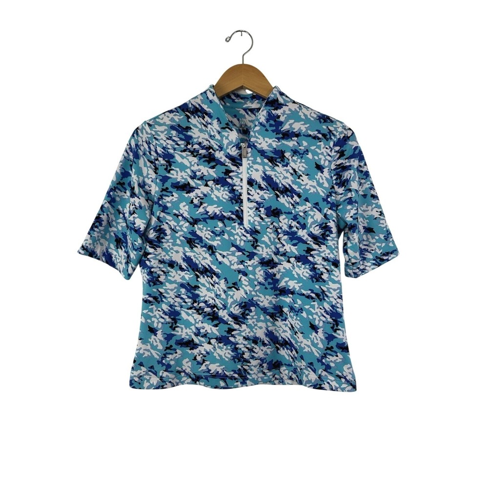 Tail Activewear 1/4 Zip Pullover Top Short Sleeve Shirt Womens Medium Blue Camo